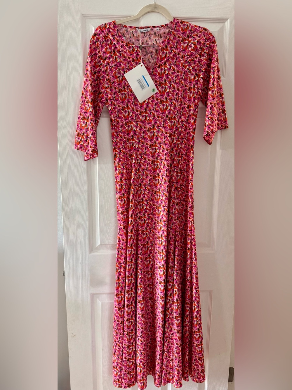 Pink printed Maxi Dress by CALIBAN - V-Neck Elbow Length